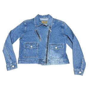 VTG BIKER DENIM TRUCKER JACKET SZ 4 BLUE CROPPED ASYMETRICAL ZIPPER WOMENS